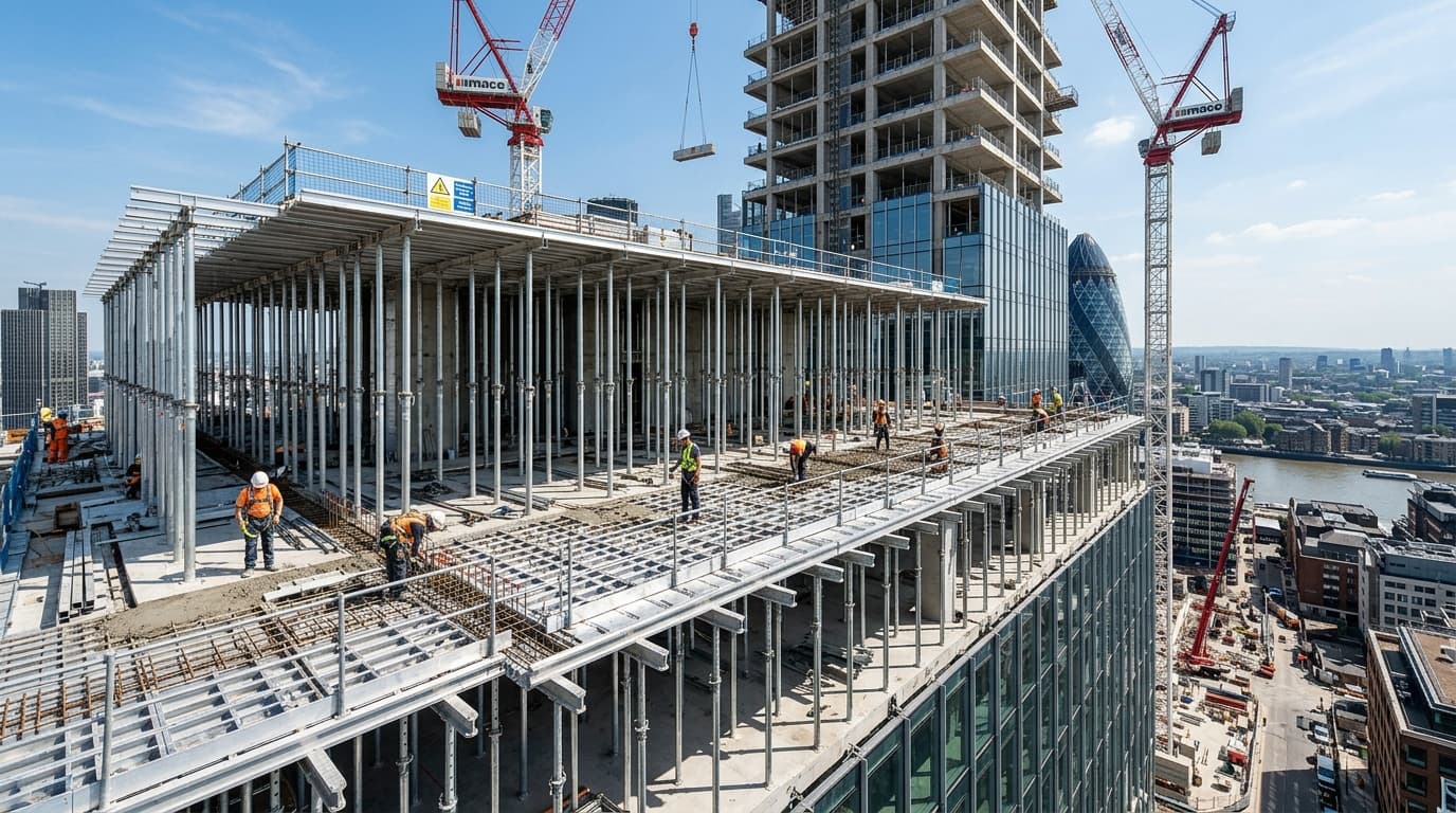 Full width immersive architectural background showing Slabform modular handset panels and high-strength telescopic shoring props on a commercial concrete jobsite