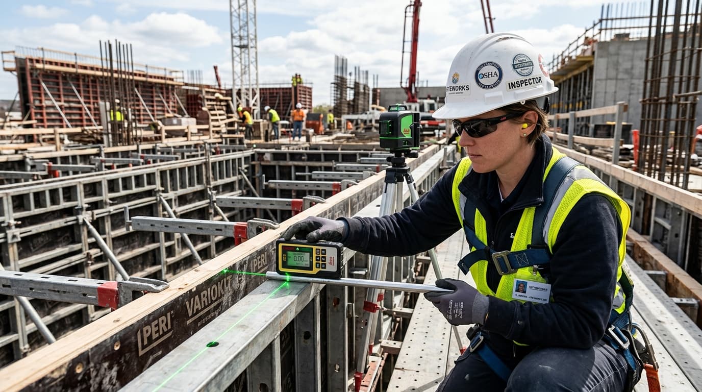 Expert construction safety supervisor performing an inspection on the layout level of slabform modular shoring props and frames