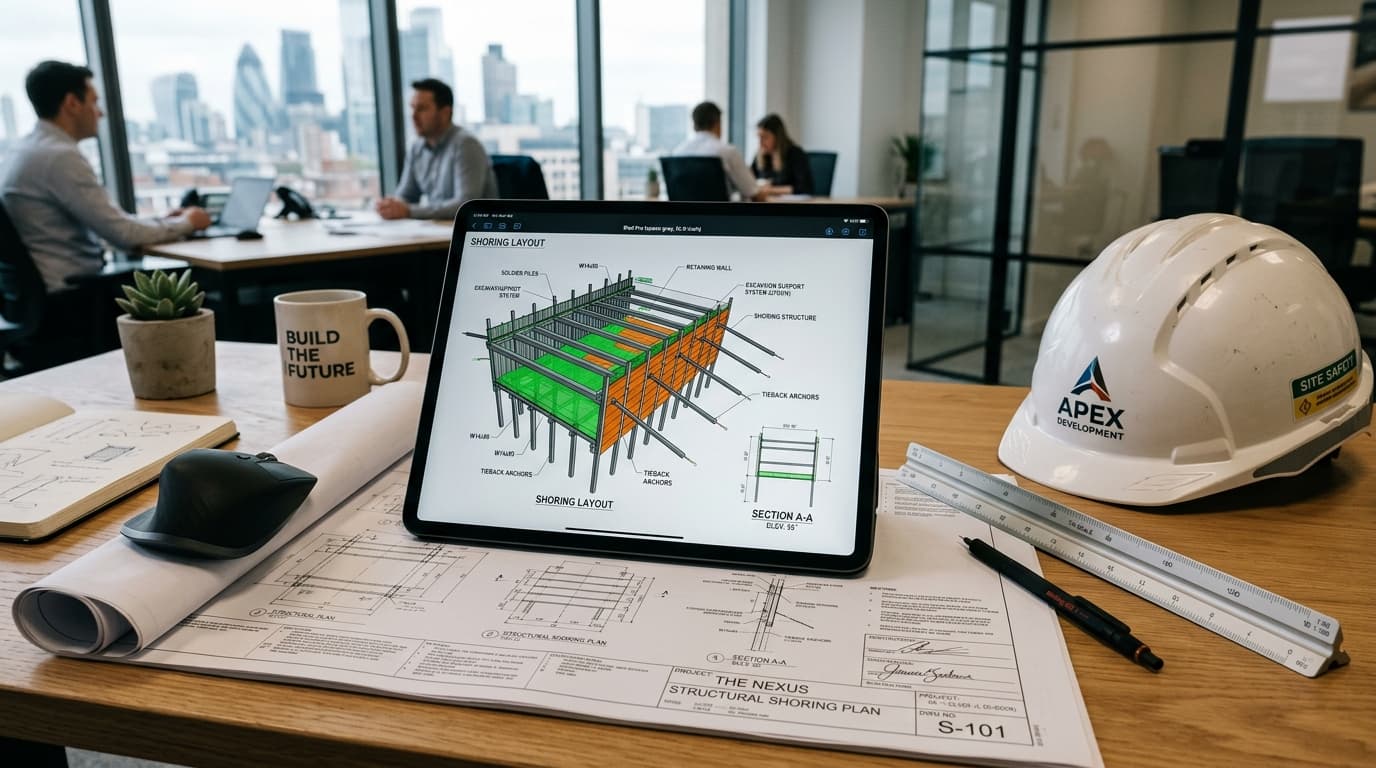 Architects office desk showing interactive 3D CAD slab shoring models and blueprint layouts for concrete slabform configurations