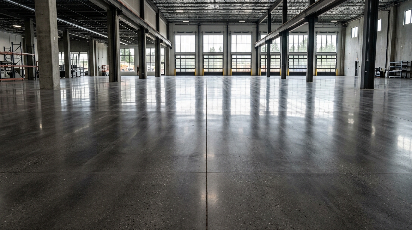Highly flat polished industrial concrete floor with steel joints