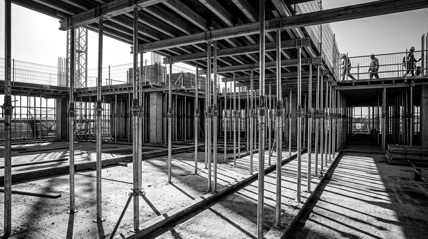 Parking garage deck installation with systematic steel post shoring layout